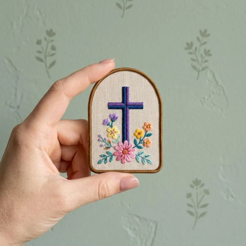Floral Cross Faith Wildflowers Arch Iron On Embroidered Patch — Iron-on patch