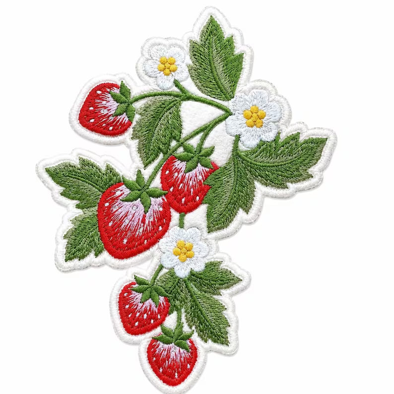 Strawberry Bunch Wildflower Botanical Iron On Embroidered Patch — Iron-on patch
