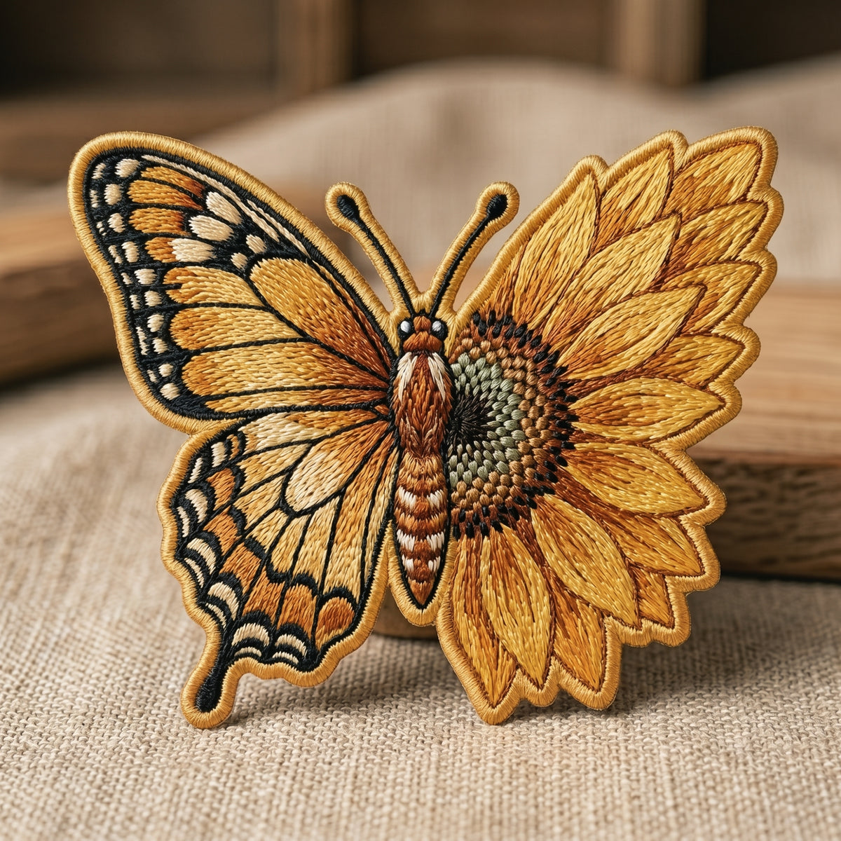 Sunflower Butterfly Fusion Floral Iron On Embroidered Patch — Iron-on patch