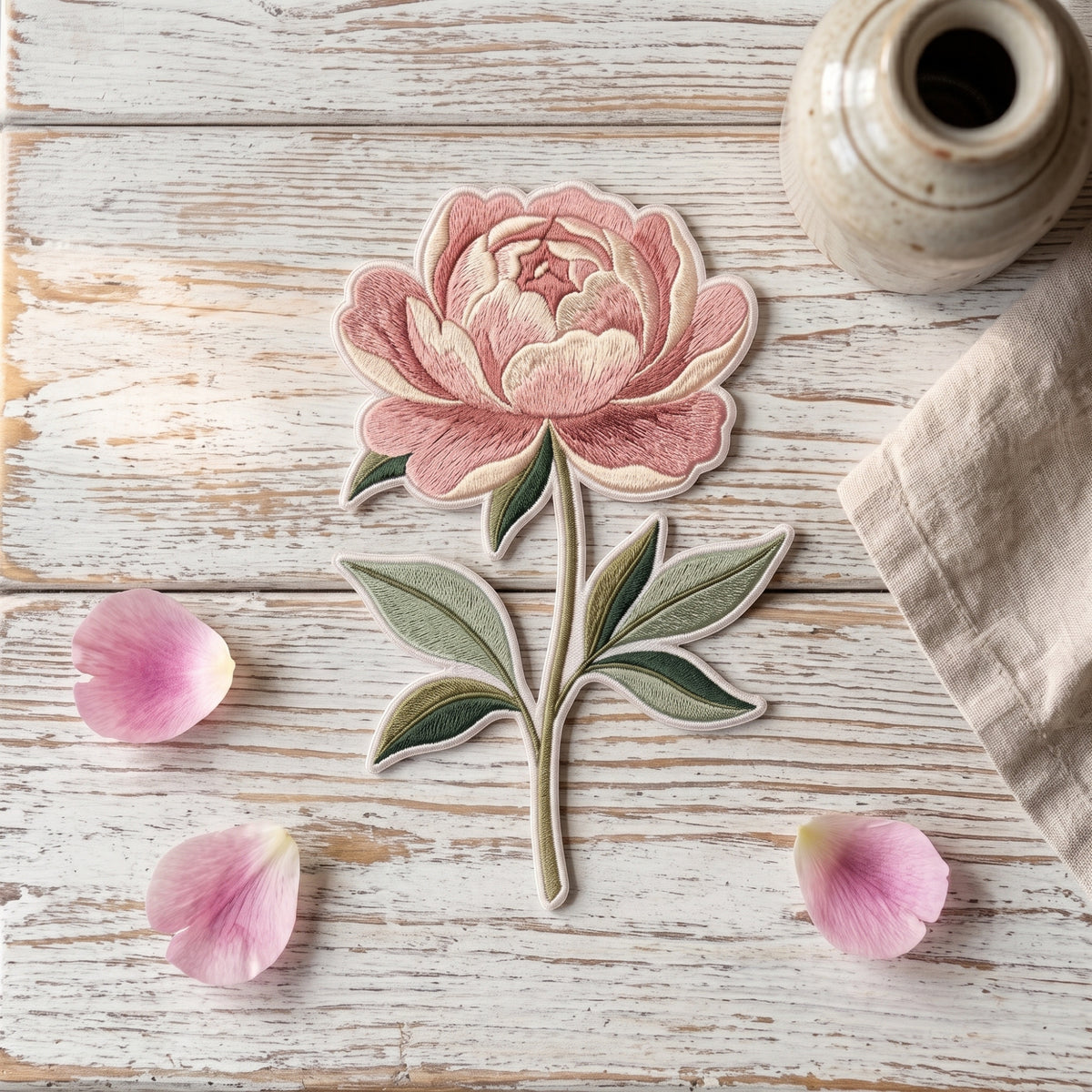 Peony Flower Botanical Stem Leaves Iron On Embroidered Patch — Iron-on patch