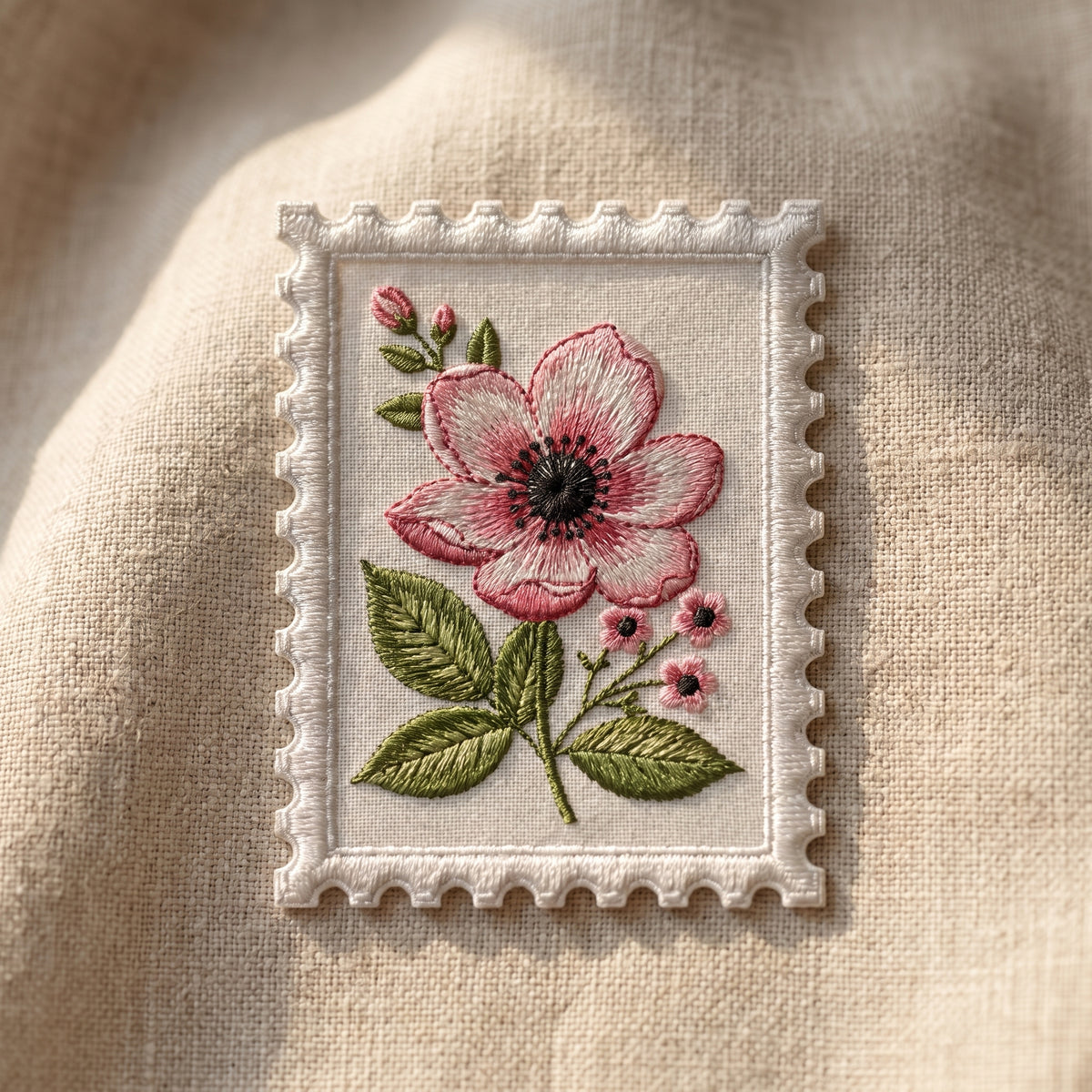 Pink Wild Rose Flower Postage Stamp Floral Iron On Embroidered Patch — Iron-on patch