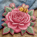 Pink Rose Bumble Bee Floral Garden Iron On Embroidered Patch — Iron-on patch