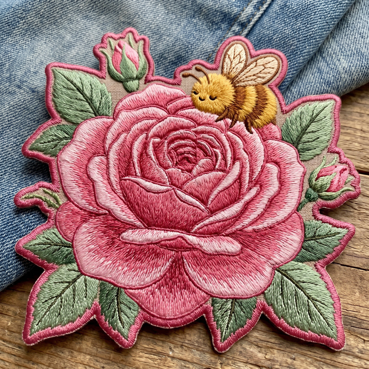Pink Rose Bumble Bee Floral Garden Iron On Embroidered Patch — Iron-on patch