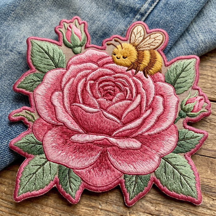 Pink Rose Bumble Bee Floral Garden Iron On Embroidered Patch