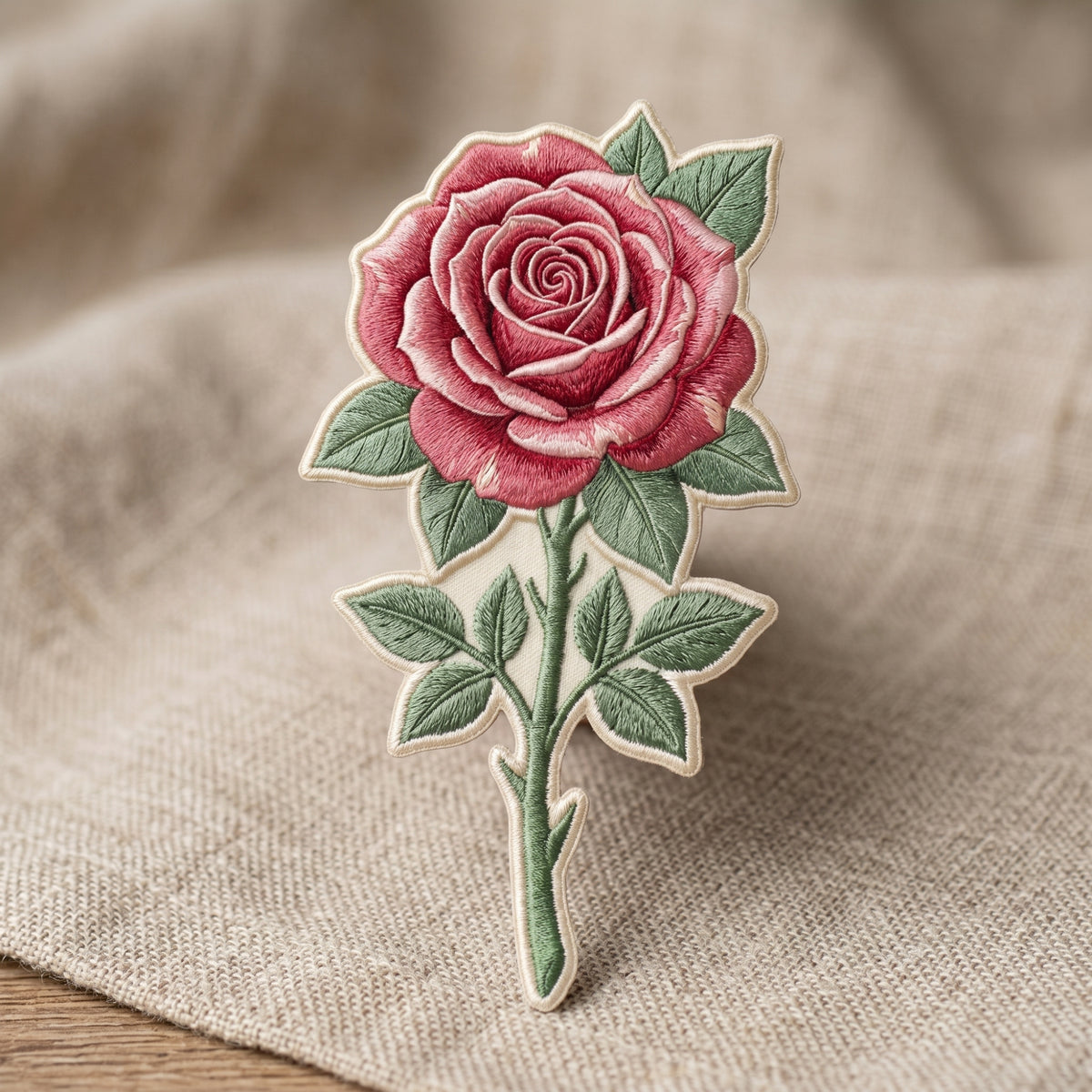 Rose Flower Stem Leaves Botanical Iron On Embroidered Patch — Iron-on patch