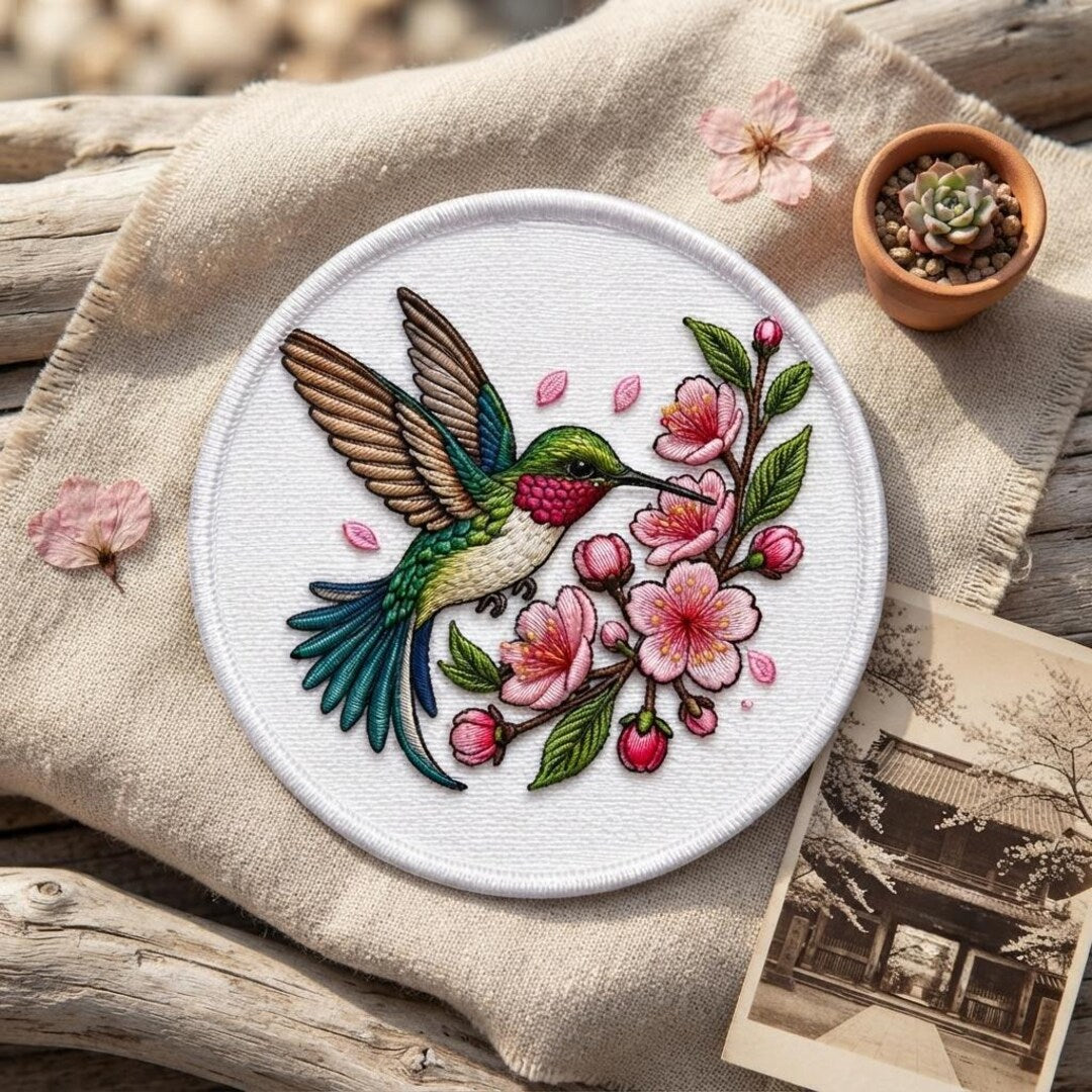Hummingbird Cherry Blossom Floral Spring Bird Iron On Embroidered Patch — Iron-on patch