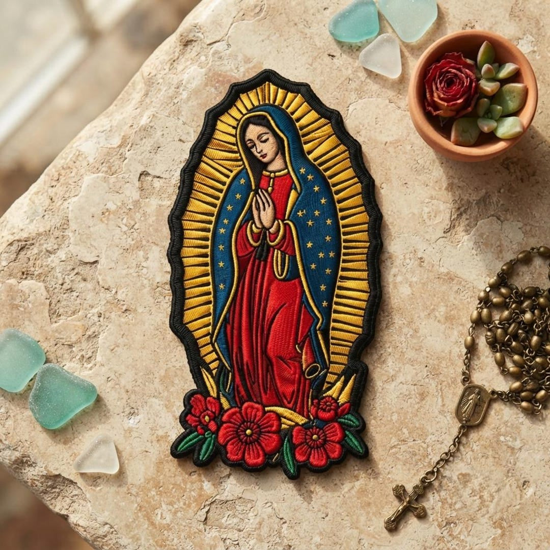 Our Lady of Guadalupe Virgin Mary Floral Religious Iron On Embroidered Patch — Iron-on patch