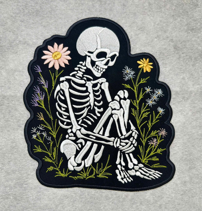 Skeleton Wildflower Botanical Sitting Floral Garden Iron On Embroidered Patch