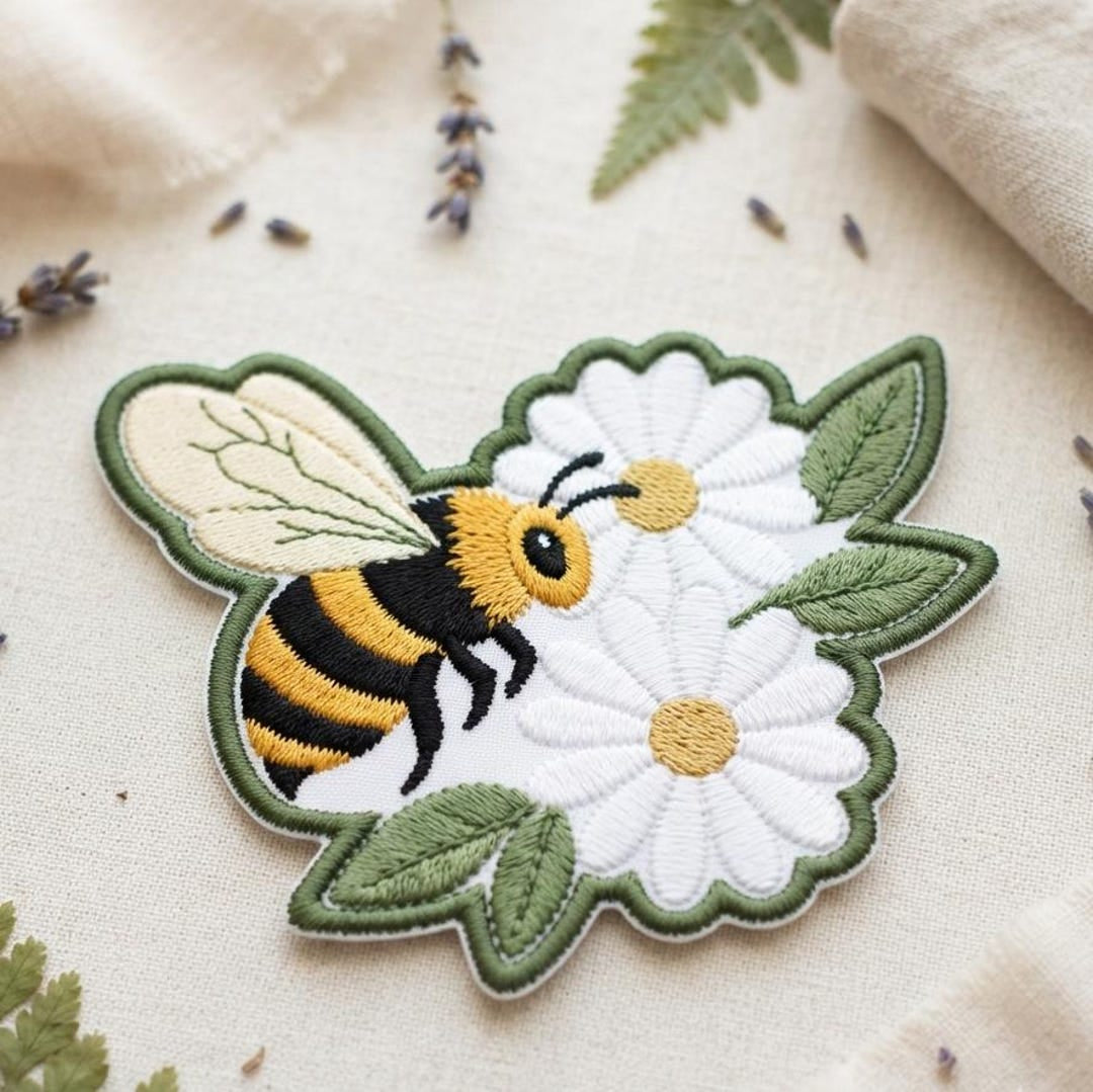 Bumblebee Daisy Flower Garden Leaves Iron On Embroidered Patch — Iron-on patch