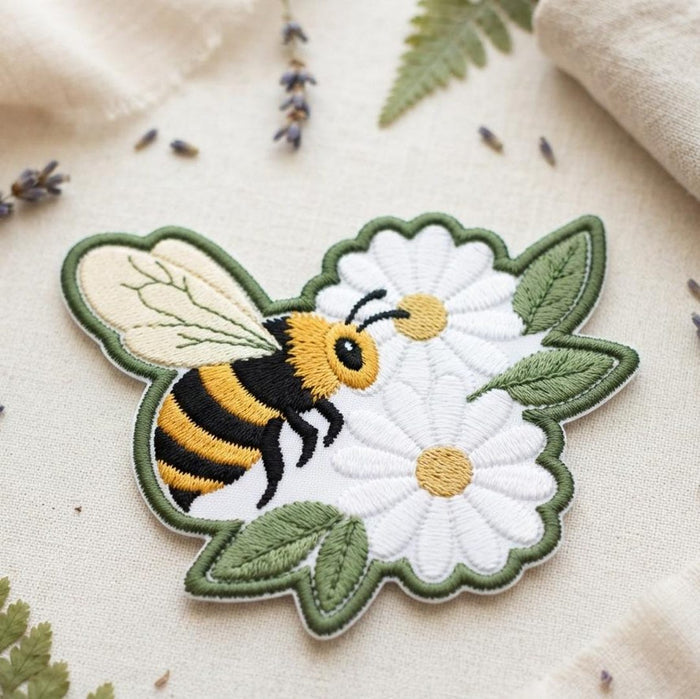 Bumblebee Daisy Flower Garden Leaves Iron On Embroidered Patch