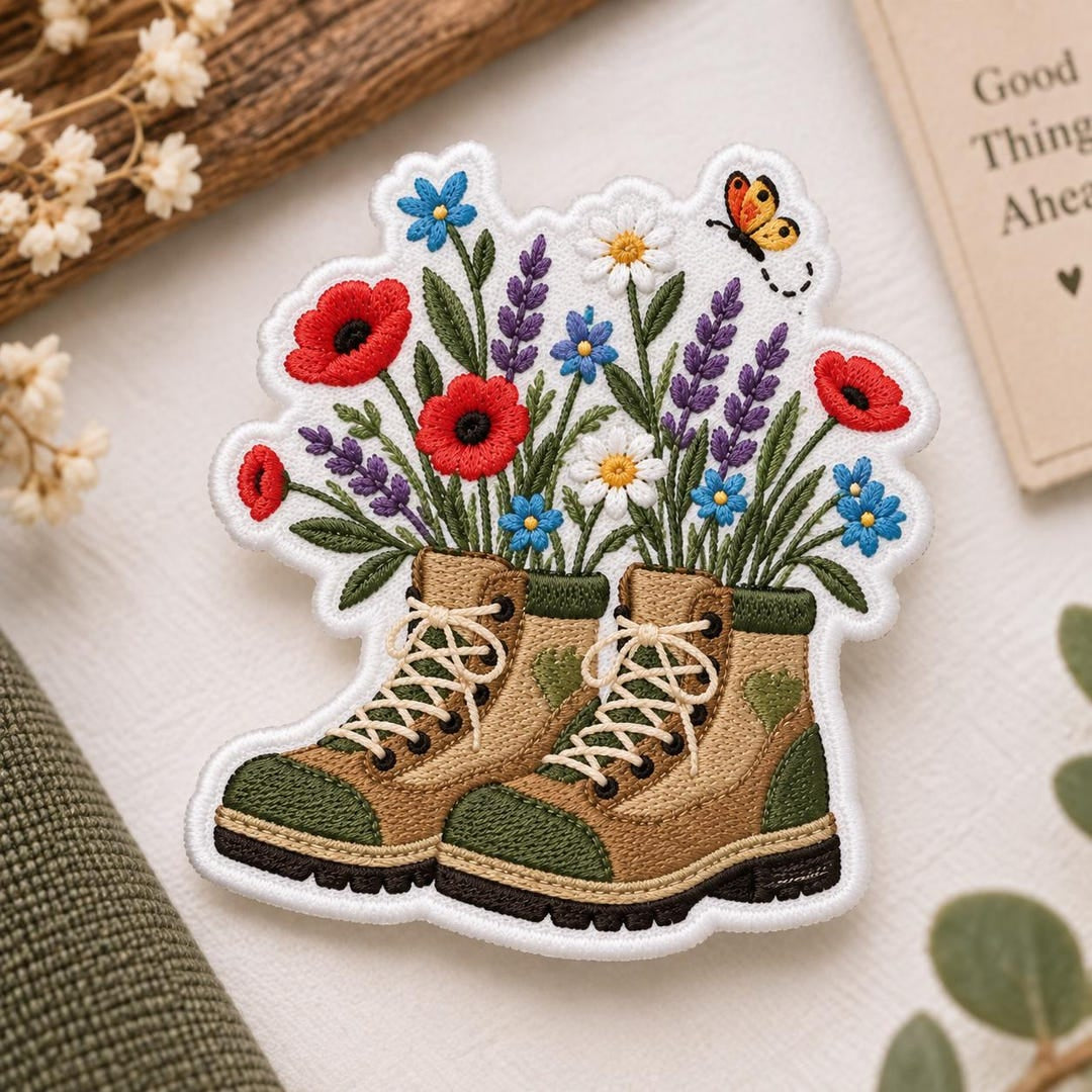 Hiking Boots Wildflower Bouquet Butterfly Iron On Embroidered Patch — Iron-on patch