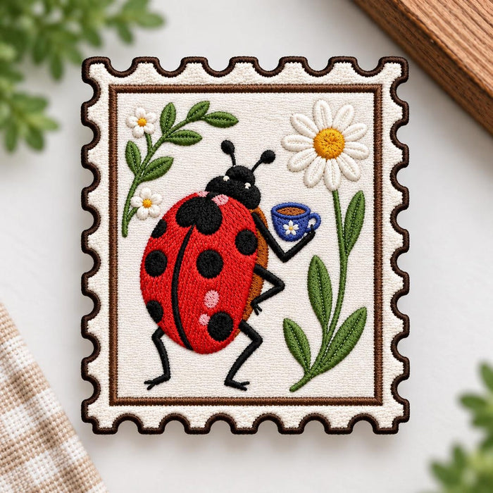Ladybug Holding Coffee Cup Daisy Flower Garden Stamp Iron On Embroidered Patch