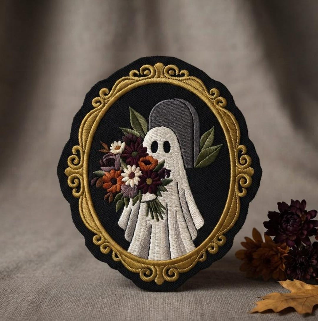 Halloween Ghost Floral Bouquet Gothic Cameo Frame Iron On Embroidered Patch — Iron-on patch