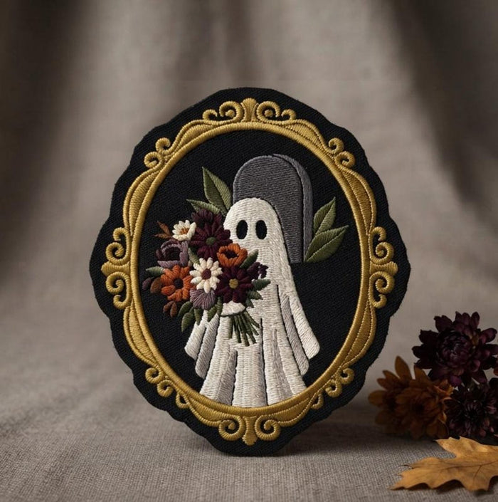 Halloween Ghost Floral Bouquet Gothic Cameo Frame Iron On Embroidered Patch