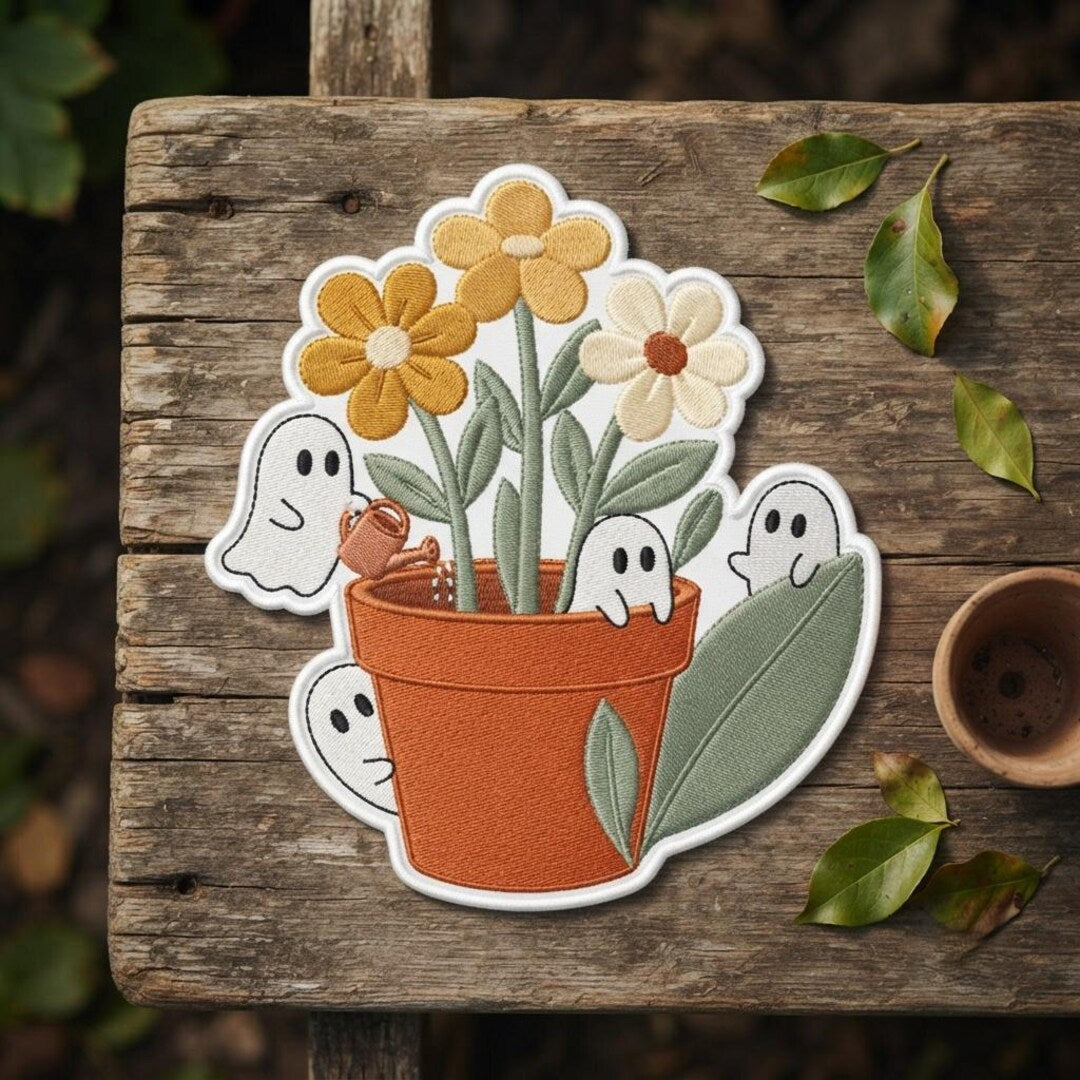 Halloween Ghost Flower Pot Cute Floral Ghosts Gardening Iron On Embroidered Patch — Iron-on patch