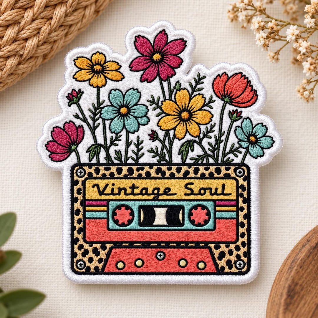 Vintage Soul Cassette Tape Wildflowers Floral Retro Music Iron On Embroidered Patch — Iron-on patch