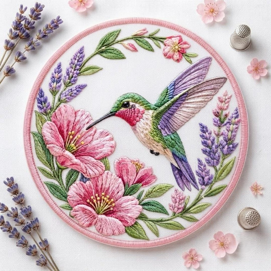 Hummingbird Lavender Pink Floral Botanical Iron On Embroidered Patch — Iron-on patch
