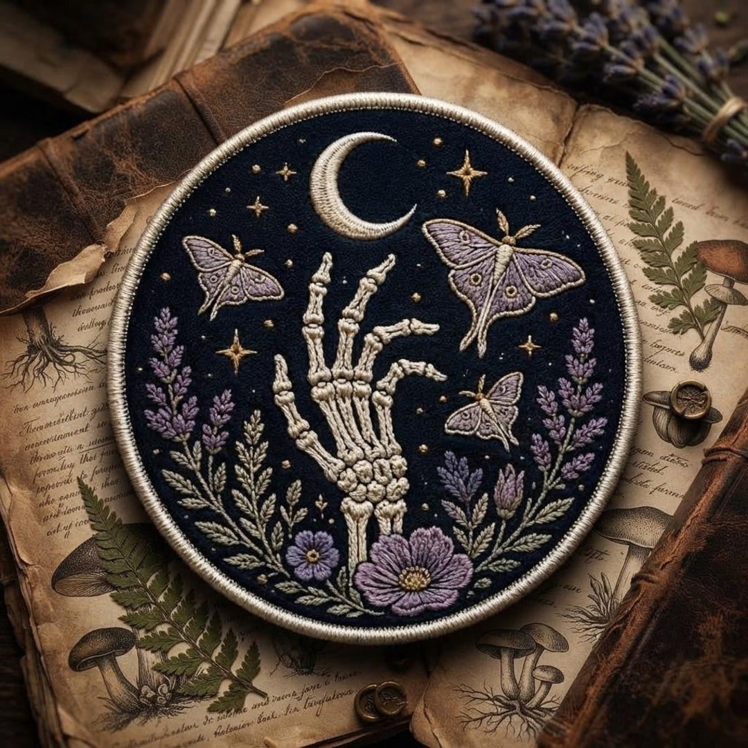 Skeleton Hand Moon Moths Lavender Floral Crescent Witchy Iron On Embroidered Patch — Iron-on patch