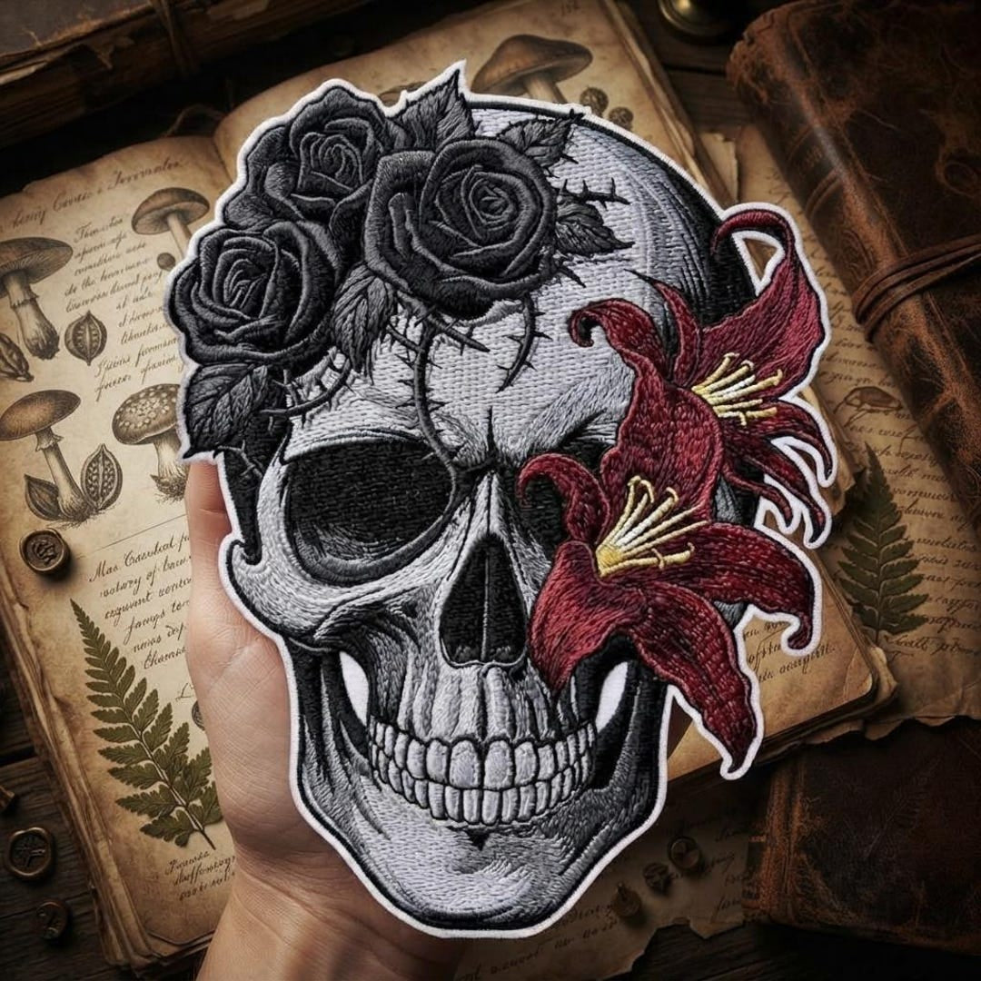 Skull Black Roses Red Lily Floral Gothic Dark Botanical Iron On Embroidered Patch — Iron-on patch