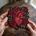 Anatomical Heart Roses Gothic Floral Iron On Embroidered Patch — Iron-on patch