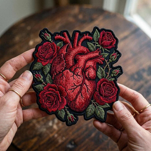 Anatomical Heart Roses Gothic Floral Iron On Embroidered Patch — Iron-on patch