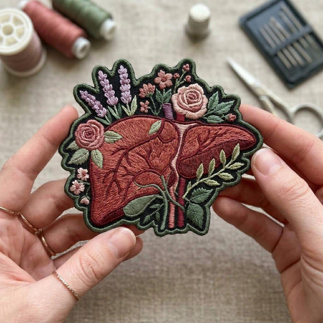 Anatomical Liver Floral Botanical Iron On Embroidered Patch — Iron-on patch