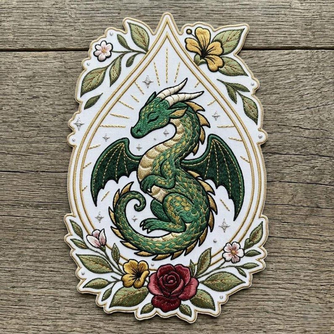 Floral Dragon Botanical Fantasy Iron On Embroidered Patch — Iron-on patch