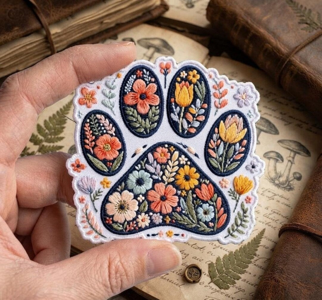 Floral Paw Print Dog Cat Pet Lover Wildflower Botanical Iron On Embroidered Patch — Iron-on patch