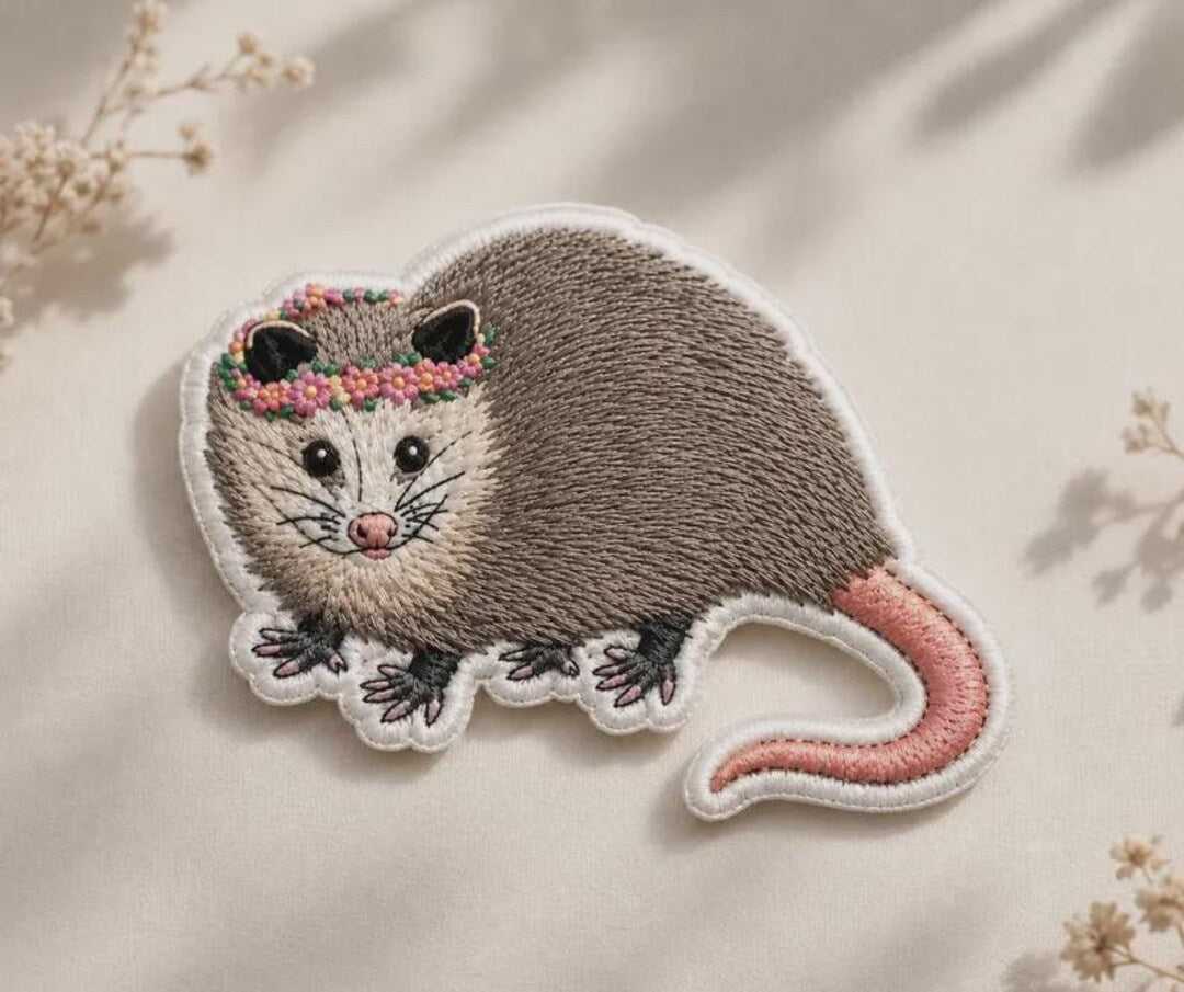 Floral Crown Opossum Possum Iron On Embroidered Patch — Iron-on patch