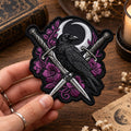 Raven Crescent Moon Crossed Daggers Floral Gothic Iron On Embroidered Patch — Iron-on patch
