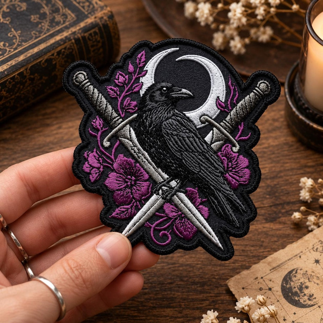 Raven Crescent Moon Crossed Daggers Floral Gothic Iron On Embroidered Patch — Iron-on patch