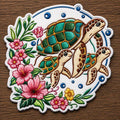 Sea Turtle Family Tropical Floral Hibiscus Ocean Bubbles Iron On Embroidered Patch — Iron-on patch