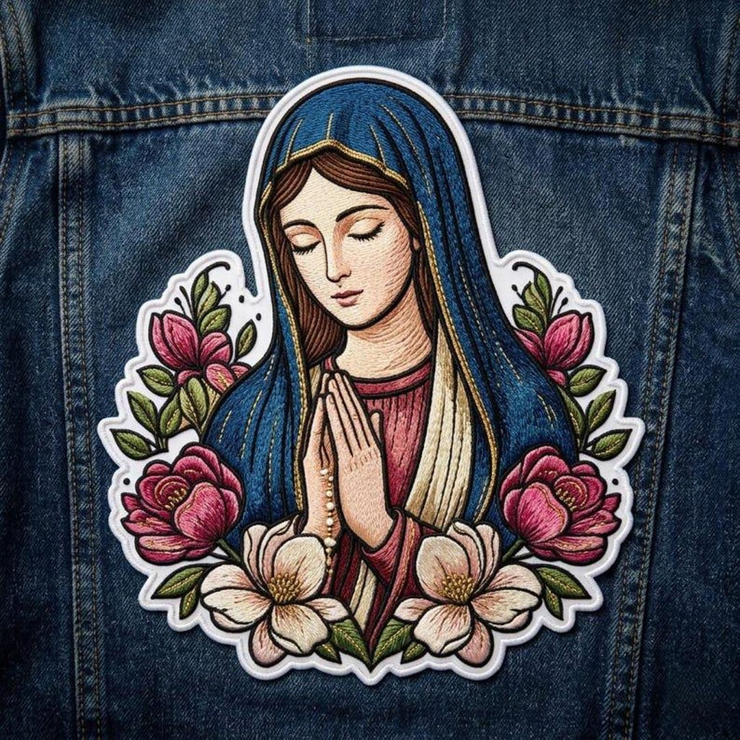 Virgin Mary Praying Floral Blessed Mother Religious Iron On Embroidered Patch — Iron-on patch