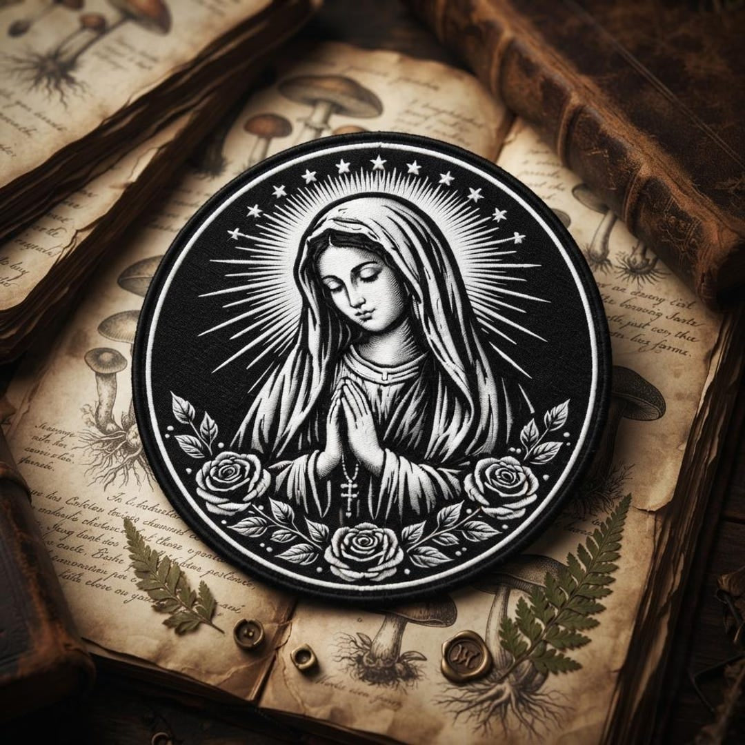 Virgin Mary Praying Roses Rosary Religious Floral Circle Iron On Embroidered Patch — Iron-on patch