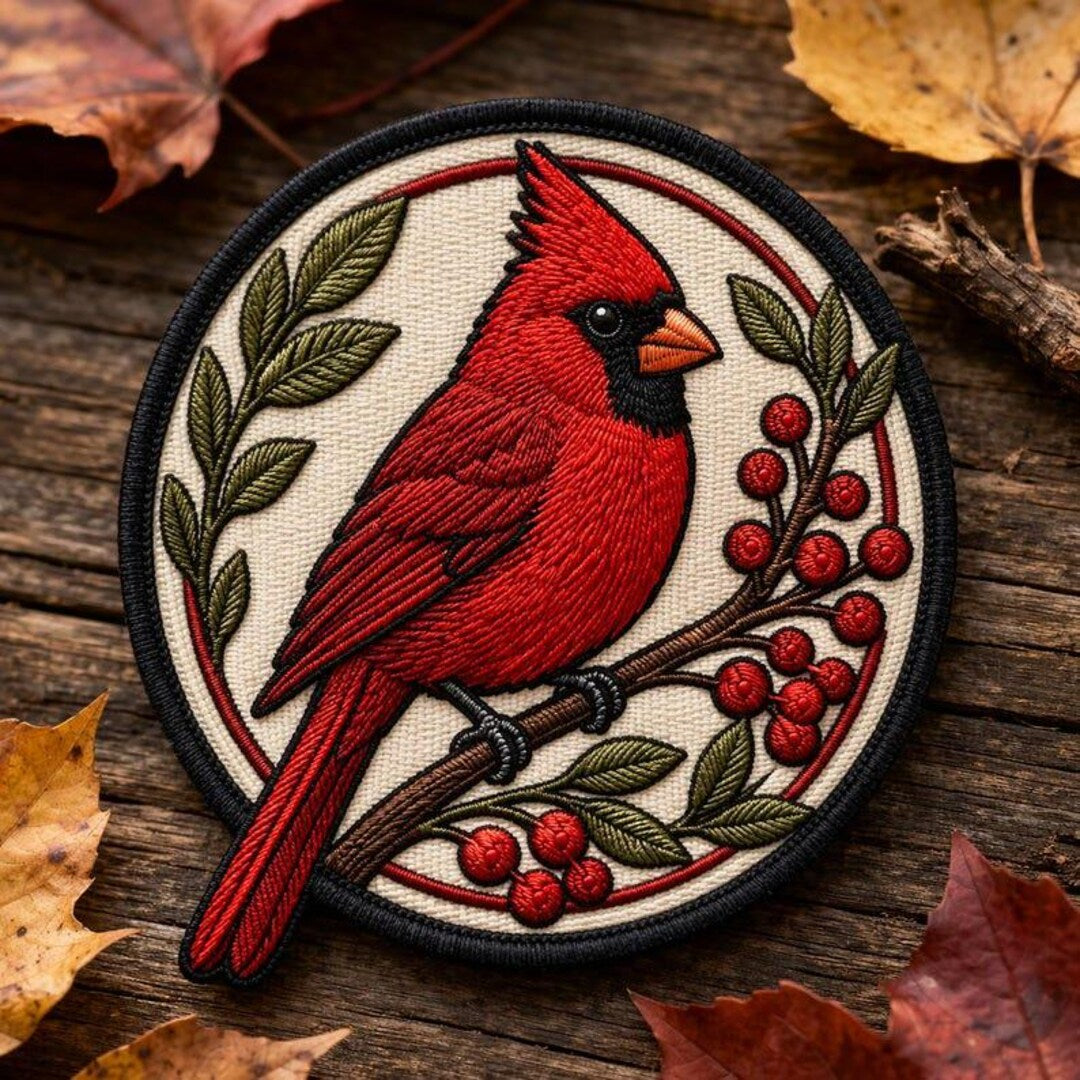 Cardinal Bird Winter Berries Branch Nature Wildlife Iron On Embroidered Patch — Iron-on patch