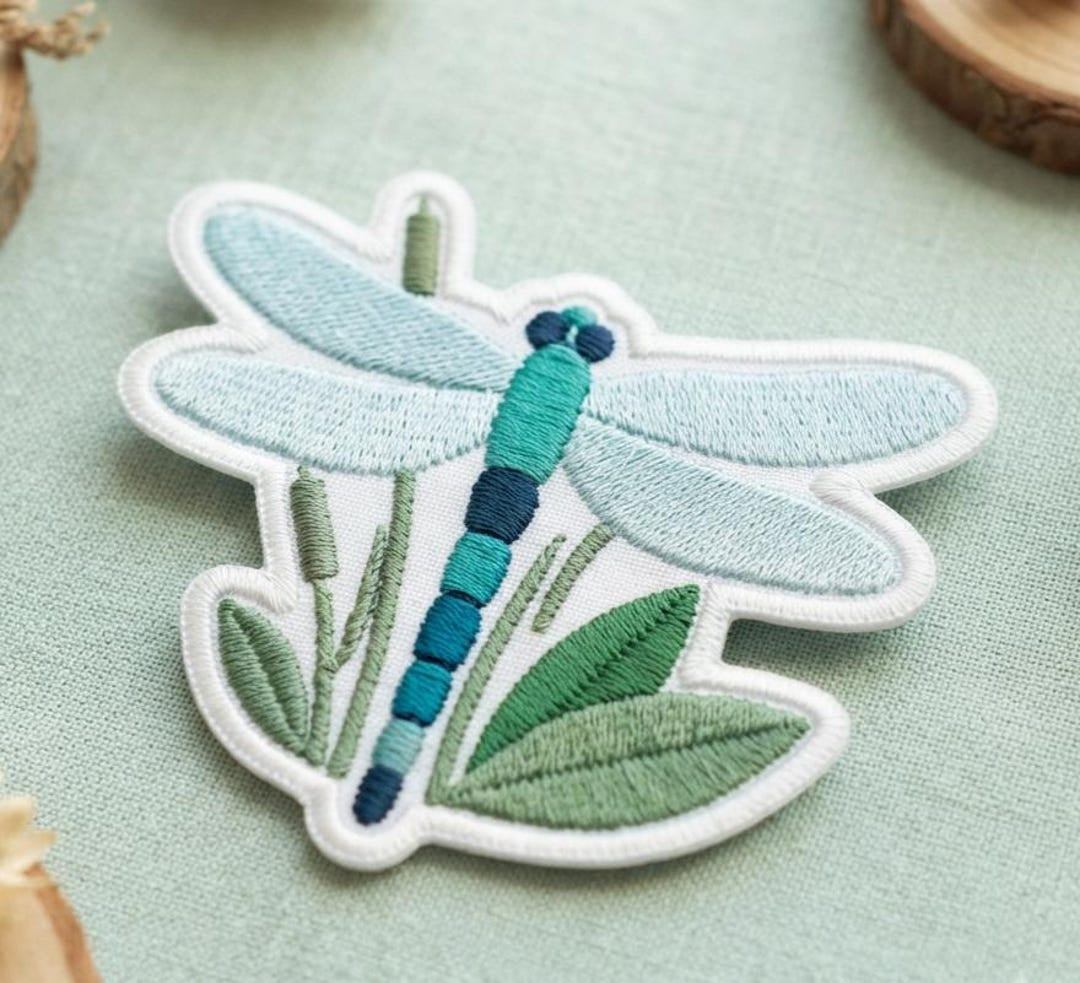 Dragonfly Nature Garden Cattail Leaves Iron On Embroidered Patch — Iron-on patch