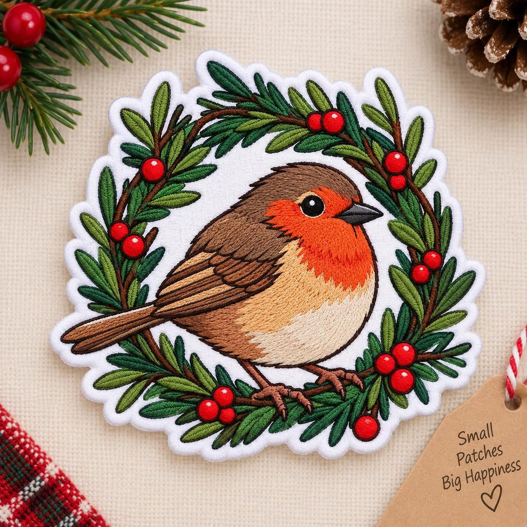 Christmas Robin Bird Holly Berry Wreath Iron On Embroidered Patch — Iron-on patch