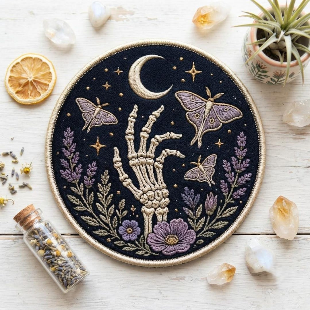 Skeleton Hand Moon Moths Wildflowers Celestial Botanical Iron On Embroidered Patch — Iron-on patch