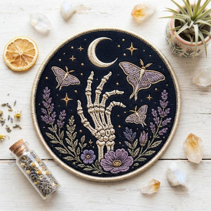 Skeleton Hand Moon Moths Wildflowers Celestial Botanical Iron On Embroidered Patch
