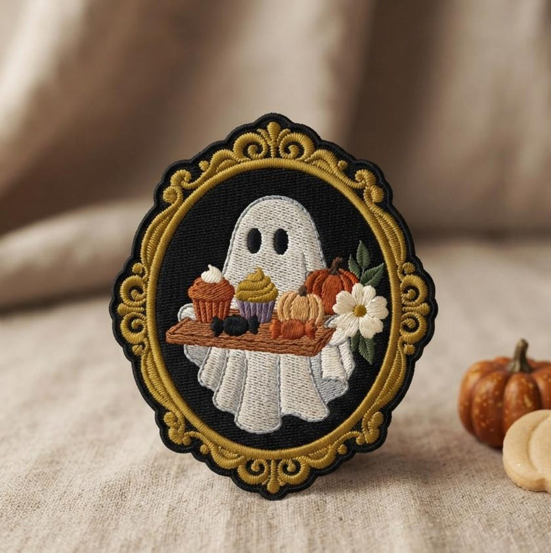 Halloween Ghost Fall Desserts Pumpkin Cupcake Floral Cameo Frame Iron On Embroidered Patch — Iron-on patch