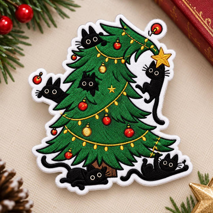 Black Cat Christmas Tree Chaos Playful Cats Ornaments Star Iron On Embroidered Patch