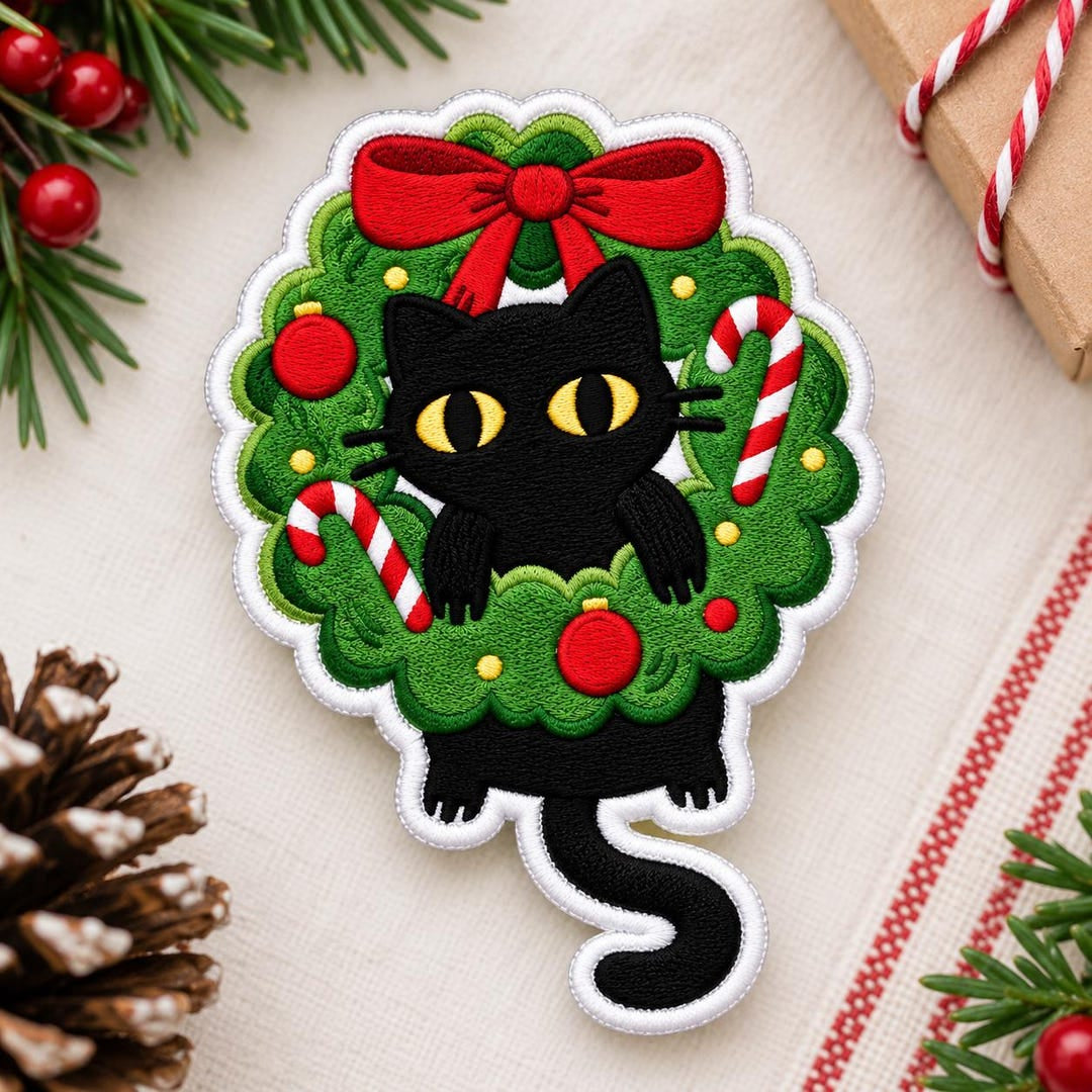 Black Cat Christmas Wreath Candy Cane Holiday Iron On Embroidered Patch — Iron-on patch