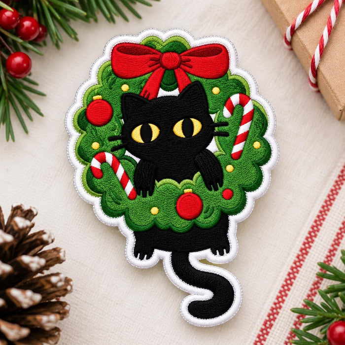 Black Cat Christmas Wreath Candy Cane Holiday Iron On Embroidered Patch