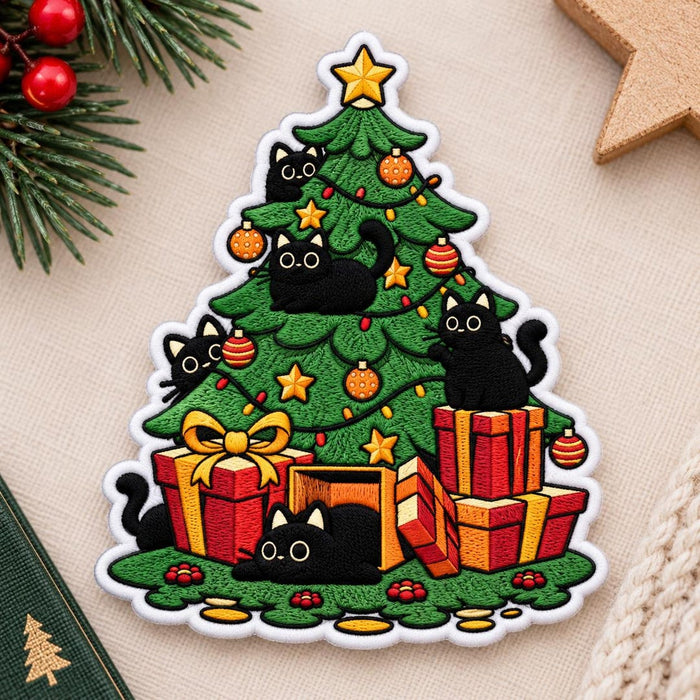 Black Cats Christmas Tree Gift Boxes Iron On Embroidered Patch