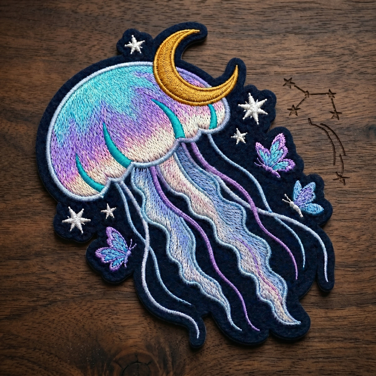 Celestial Jellyfish Moon Stars Butterflies Iron On Embroidered Patch — Iron-on patch