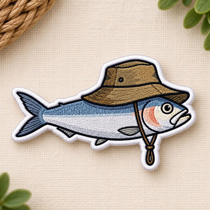 Funny Fish Wearing Bucket Hat Outdoor Angler Iron On Embroidered Patch