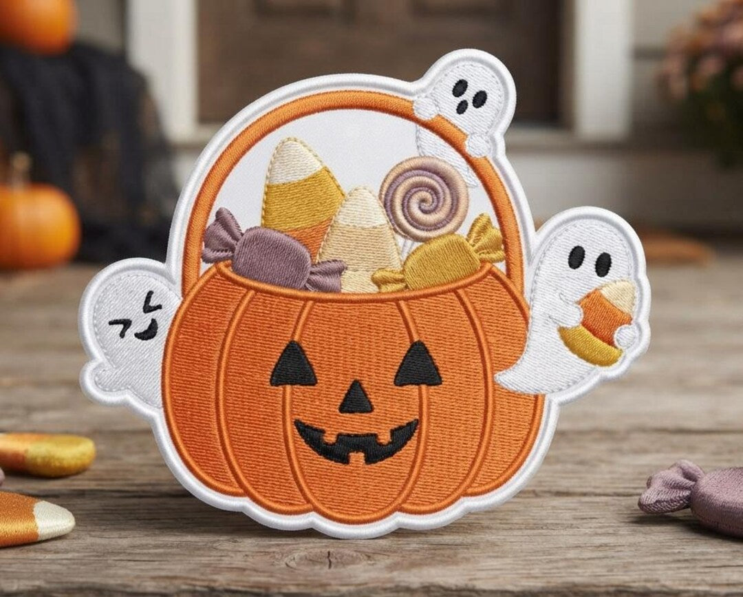 Halloween Pumpkin Candy Bucket Ghost Trick or Treat Iron On Embroidered Patch — Iron-on patch