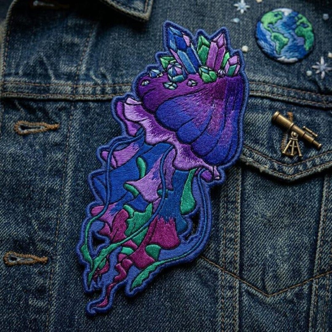 Crystal Flower Jellyfish Fantasy Gem Botanical Maximalist Iron On Embroidered Patch — Iron-on patch