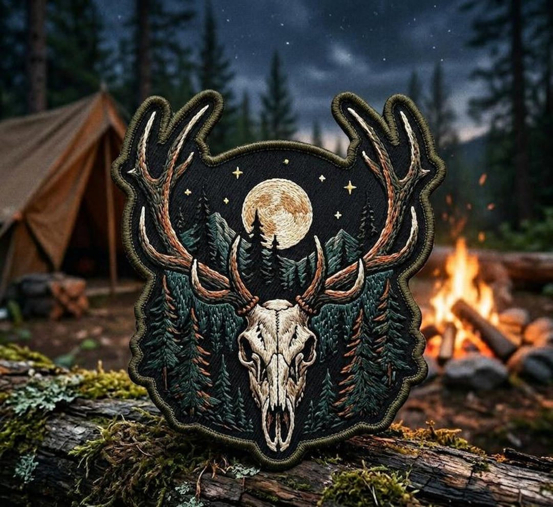 Deer Skull Forest Antler Moon Night Sky Wilderness Iron On Embroidered Patch — Iron-on patch