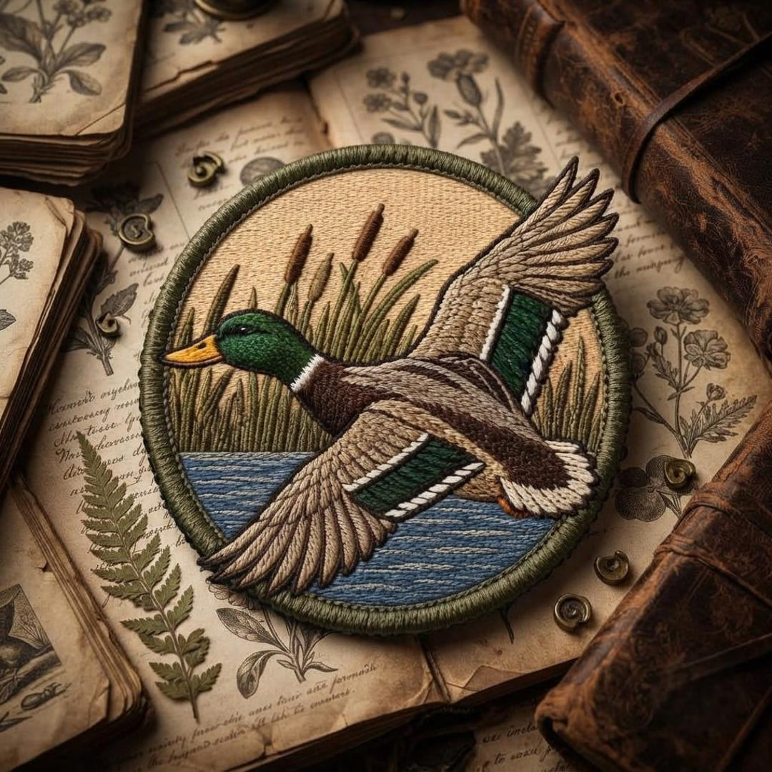 Flying Mallard Duck Cattail Marsh Scene Iron On Embroidered Patch — Iron-on patch